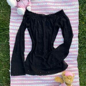 Y2K Black Sheer Long Sleeve Off Shoulder Sequins Medium Top